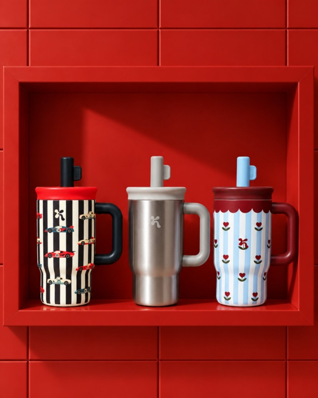 Tiga tumbler Kara Bottles Quick Sip motif garis balap, stainless, dan hati biru di rak merah