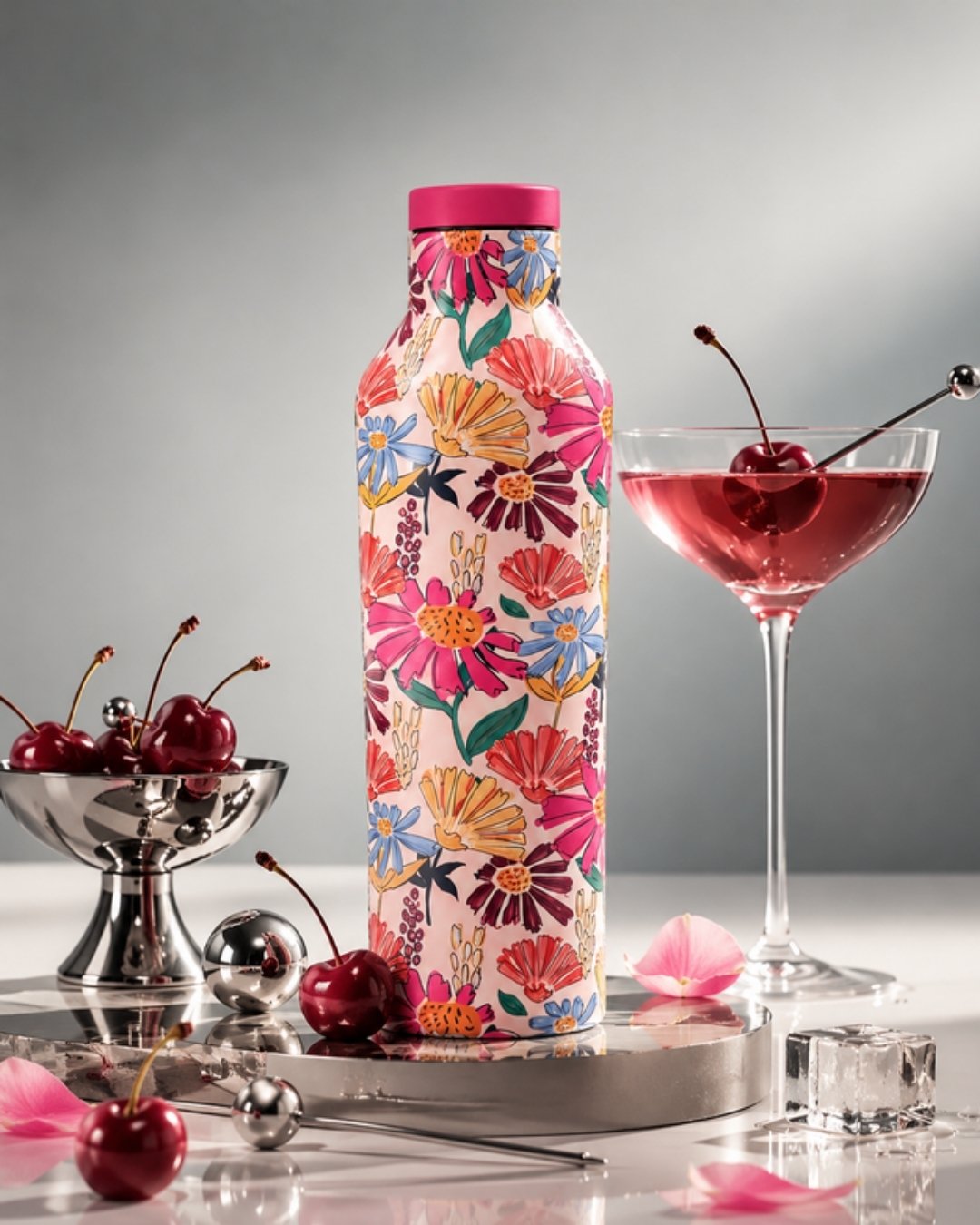 Tumbler stainless Kara Bottles bermotif bunga warna-warni dengan tutup pink, berdiri di atas nampan perak bersama buah ceri dan gelas minuman merah muda