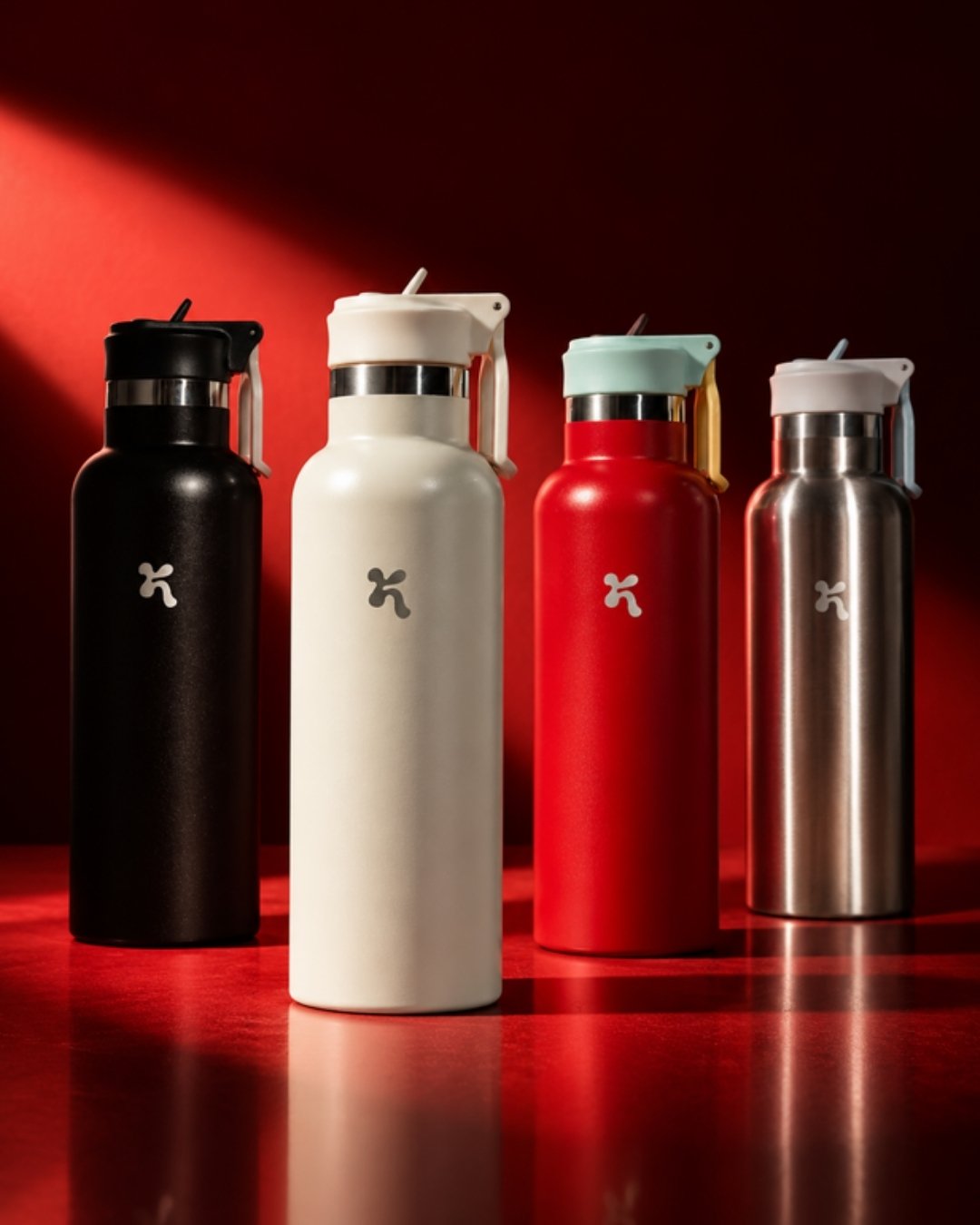 Empat botol stainless Kara Bottles warna hitam, putih, merah, dan silver dengan tutup sport